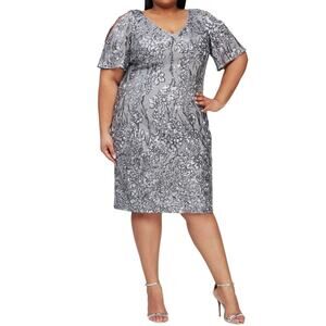 Alex Evenings Sequined Short Sleeve V-Neck Sheath Cocktail Dress Silver Size 14W